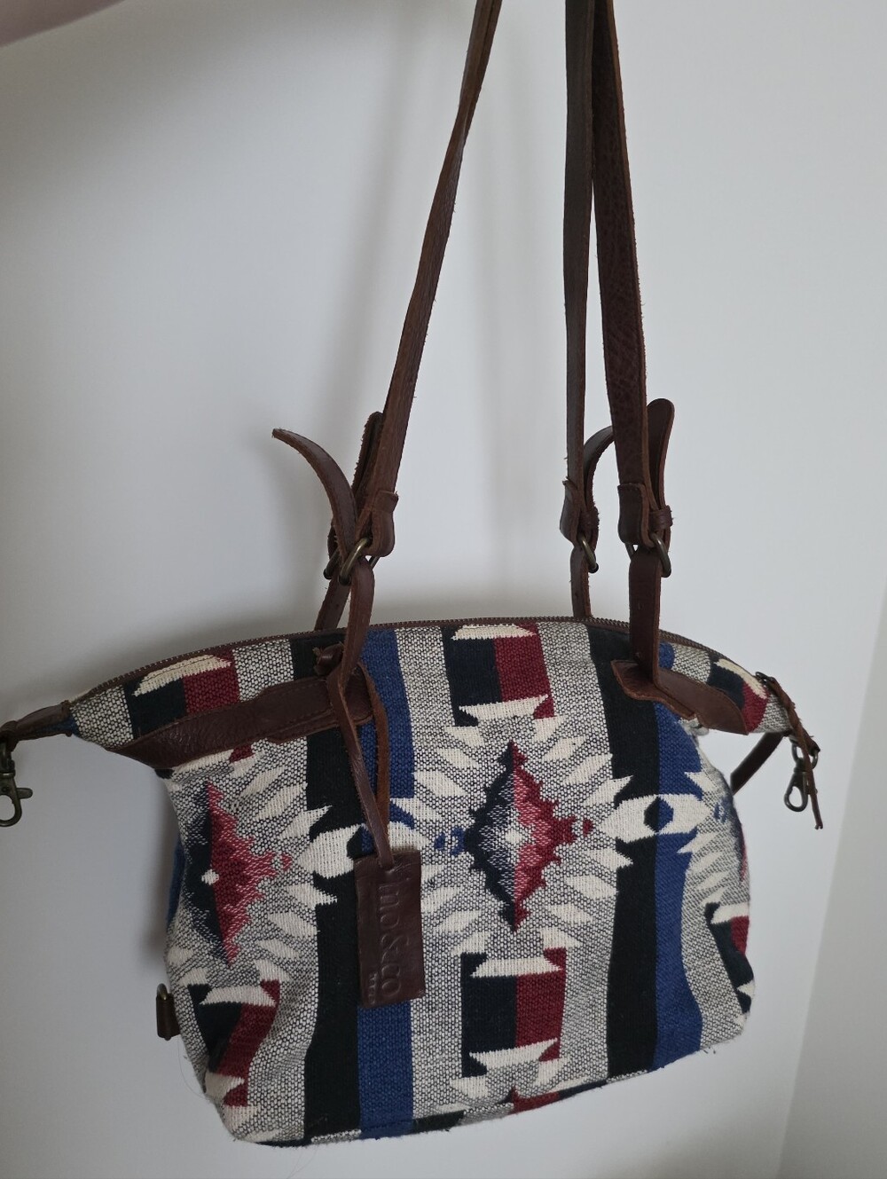 Woven Tapestry Aztec Shoulder Vag With Leather Strap Mo & Co Western Rodeo Boho